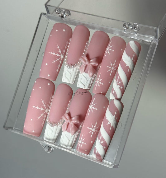 Pink Winter Sweater Xmas candy cane snowflake press on nails, French Tip Pearl And Bow Coquette glue on nail, Holiday gift for her,MO399