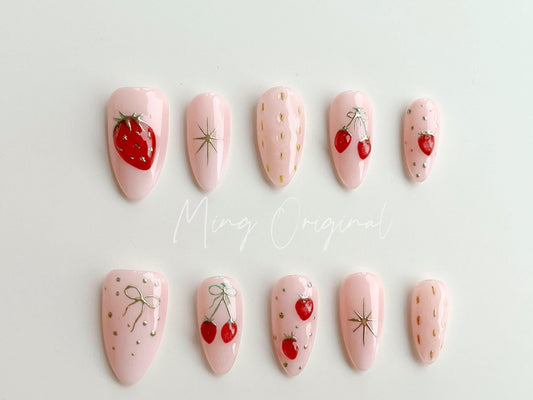 Summer Pink 3d Strawberry Nail,  Fruit Lover press on nails, Gold Chrome, Holiday Fake Nails, Gifts for Her