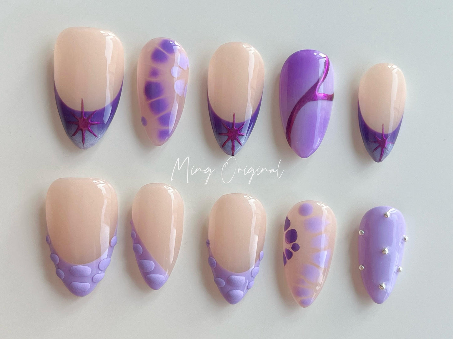 Purple 3d Croc skin snake skin design, Y2K chic French Tip press on nails, chrome star reusable nail, jelly fake nail, gift for her