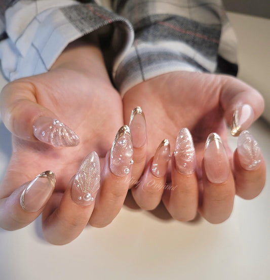 3D Free Style Nude Mermaid press on nails, Pearl, chrome,  pink glitter jelly fake nail