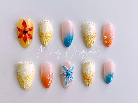 3D sculptured free style summer flower Press on Nails, Seashell Mermaid French, Fairycore Tropical Flower