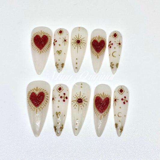 Milky white Glittery heart chrome Press on Nails, hand painted free style heart handmade Nails, vintage style