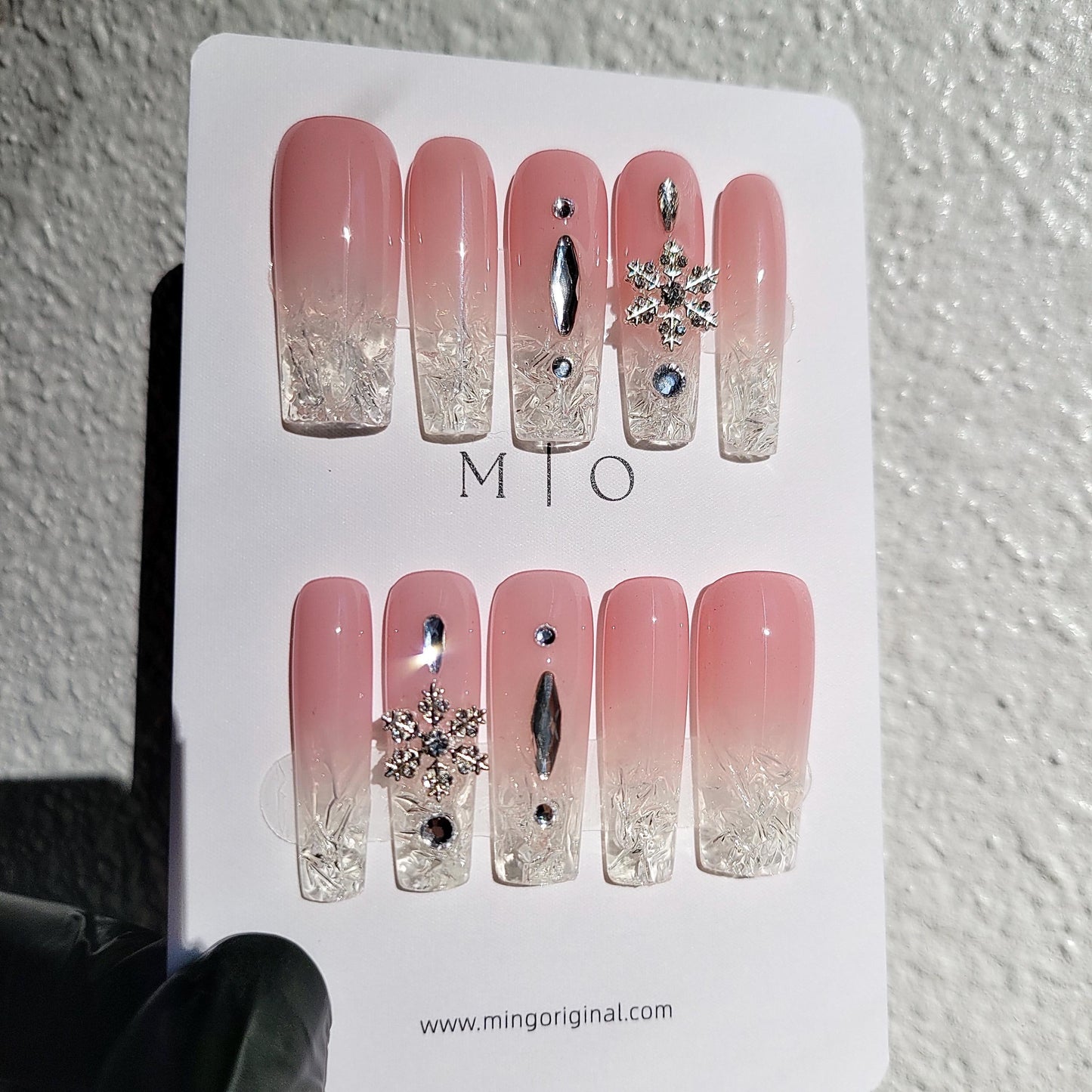 Christmas Icey tip Press on Nails, snowflake crystal broken glass winter handmade Nails, pink clear tip Jelly Nails, MO280
