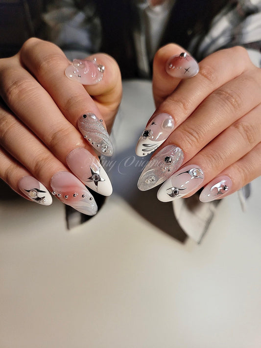 Free Style blush Shiny star y2k Nail press on, Fake nails, glitter shine, French tip, Luxury Handmade Nails