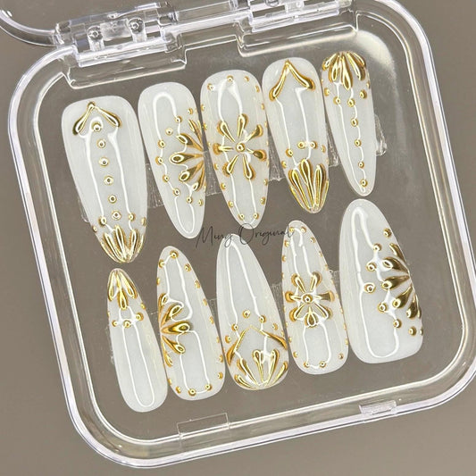 Milky white goddess 3d Chrome gold press on nails, Everyday nail,boho handmade art nail, wedding bridal nail,  gift for her, MO425