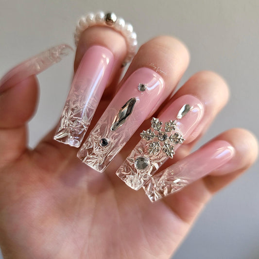 Christmas Icey tip Press on Nails, snowflake crystal broken glass winter handmade Nails, pink clear tip Jelly Nails, MO280