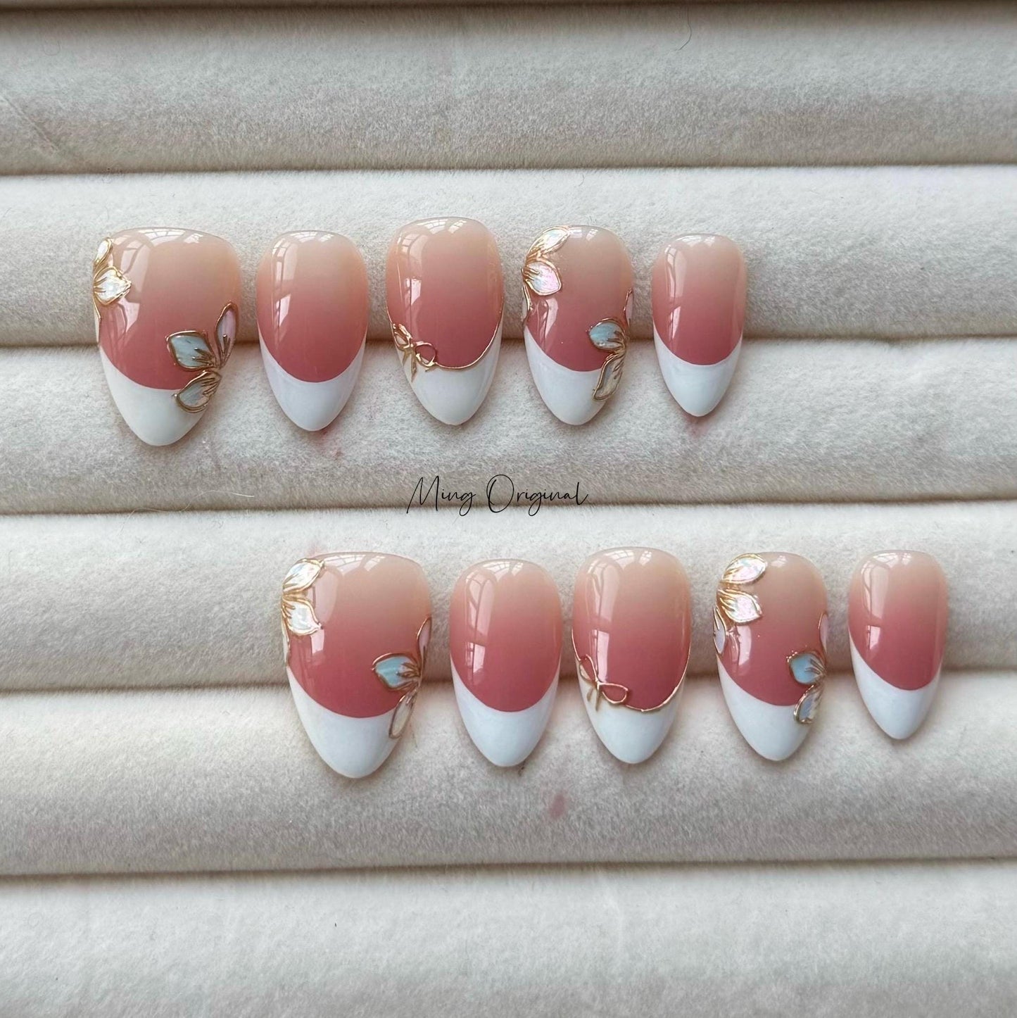 Elegant Classy French Ombre with Chrome flower press on nails,White Tip and gold frame floral, wedding bridal art nail,  gift for her, MO394