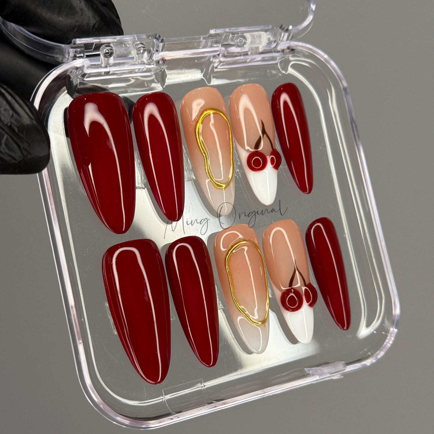Summer 3d Cherry Fruit Lover press on nails, Burgundy French Tip, ombre tip glue on nail, Holiday Fake Nails, Gifts for Her,MO433