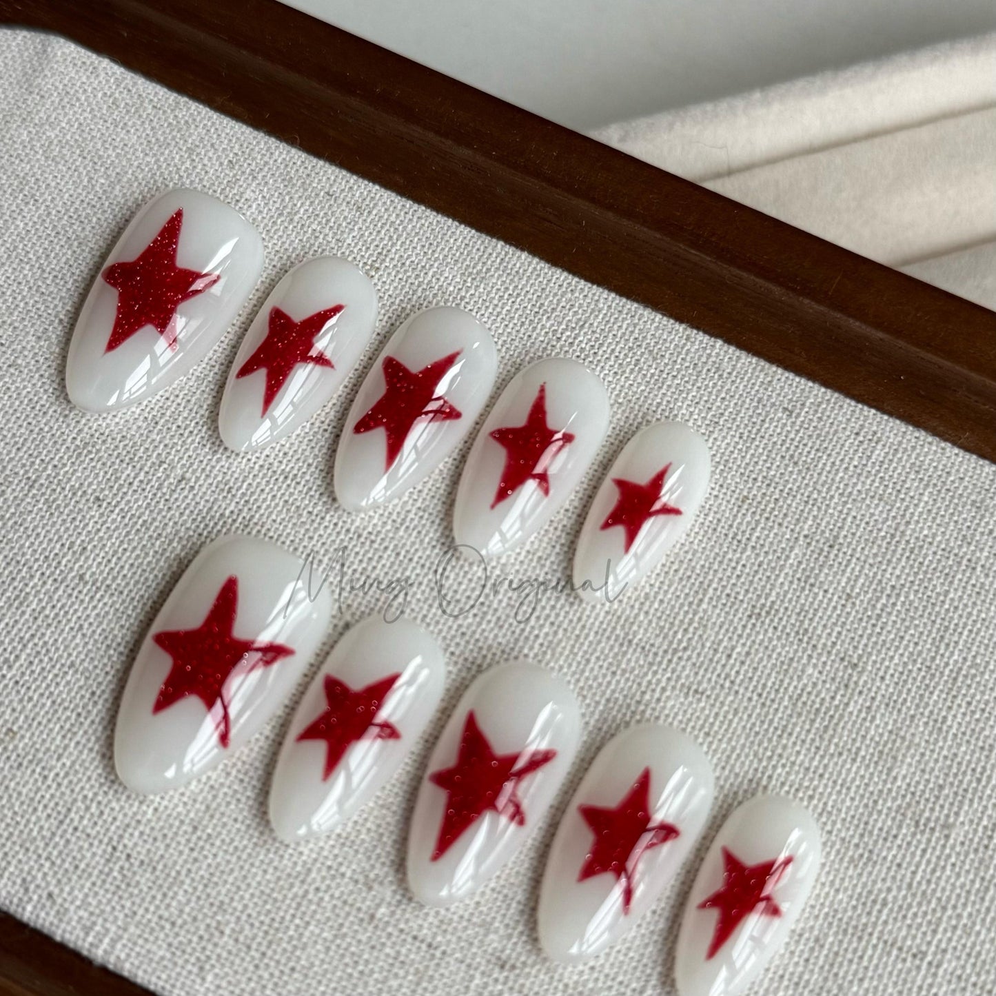 Simple Red glittery Star press on nails, milky white nails, reuse nails, glitter fake nail, gift for her, MO439