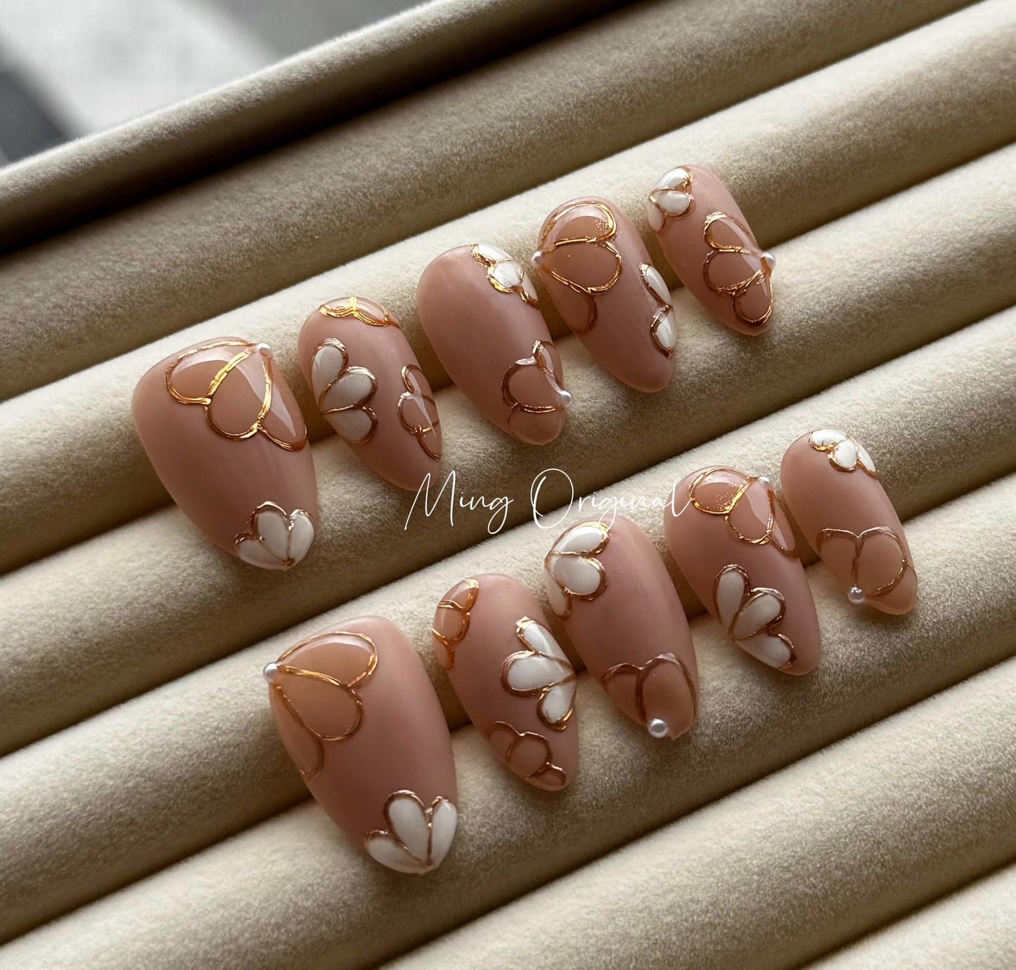 Nude blossom sculptured flower Press on Nails, Gold Frame Orchard Floral Nails, Jelly Nails, gift for her, MO262
