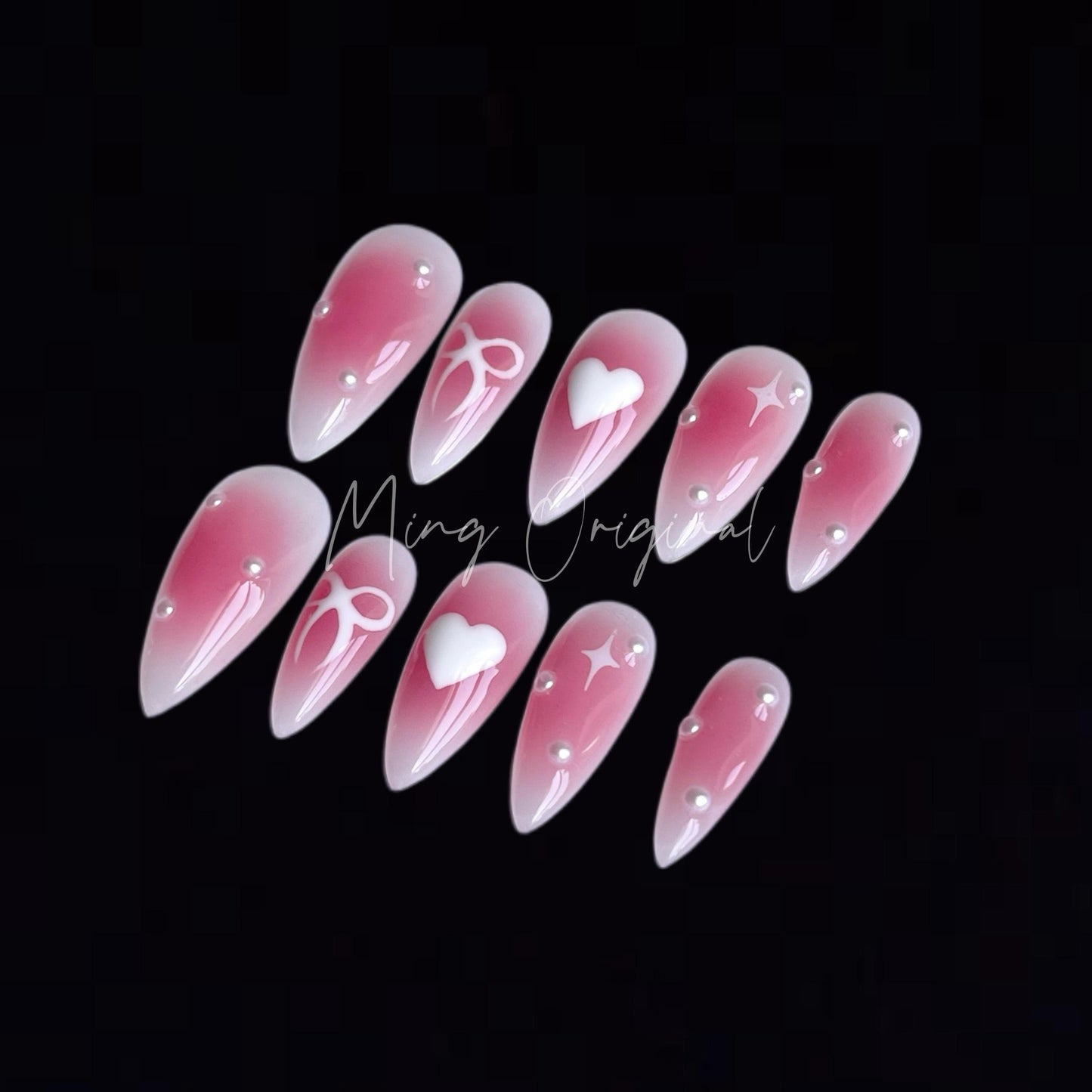 Pink blush girly pearl press on nail, hand painted bow and heart, milky white nail, jelly fake nail
