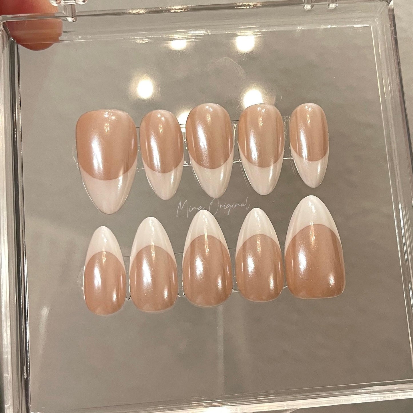 Glazed donuts French Tip nail, pearl chrome Fake nails, nude nail, Handmade jelly nail