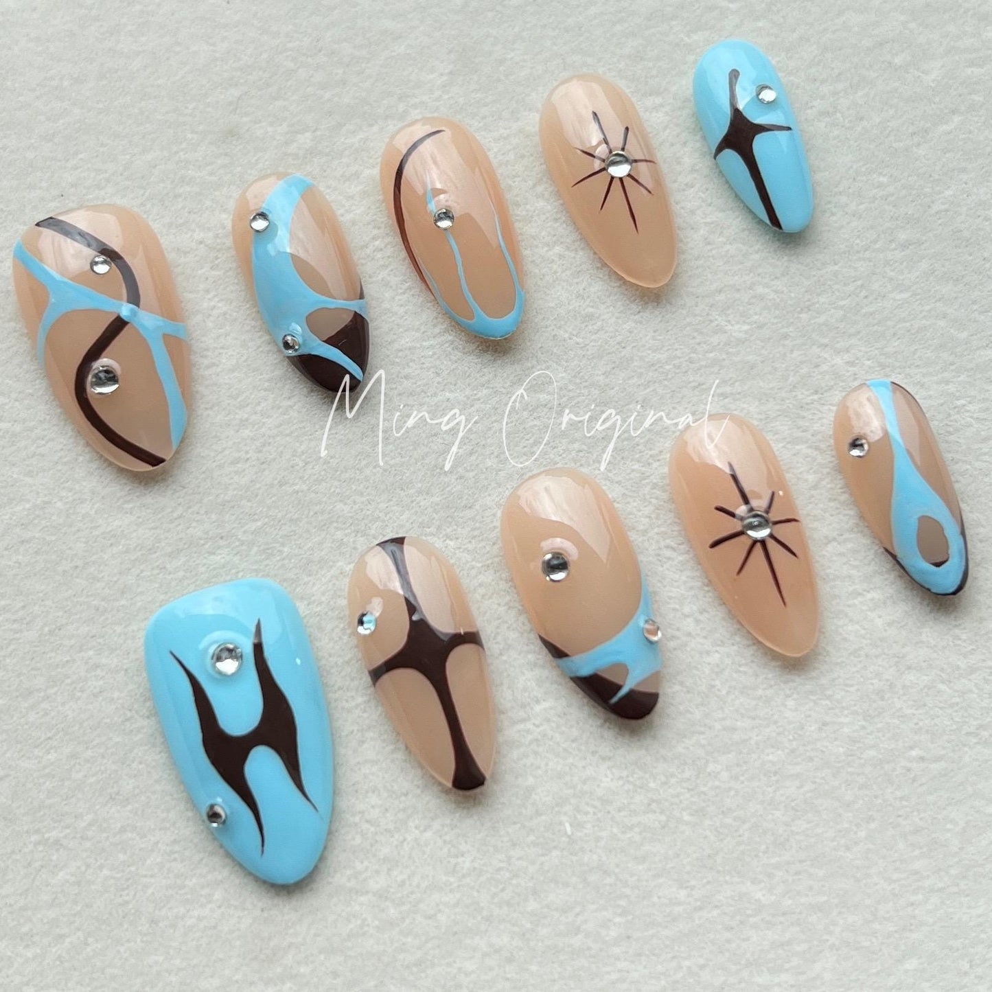 Free style blue abstract line press on nails, Y2K star, french tip nail , fall season nail, hand painted candy color nail
