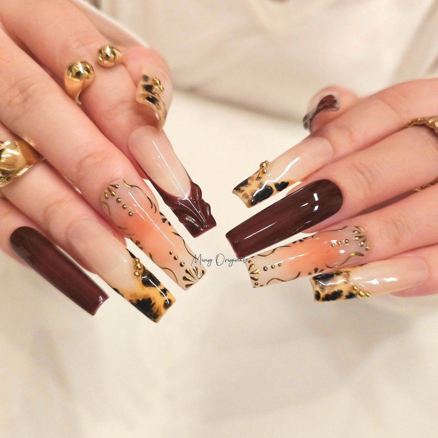 Autumn royal brown water blooming Press on Nails, gold chrome detail nail, animal print French tip minimalist winter nail,gift for her,MO375