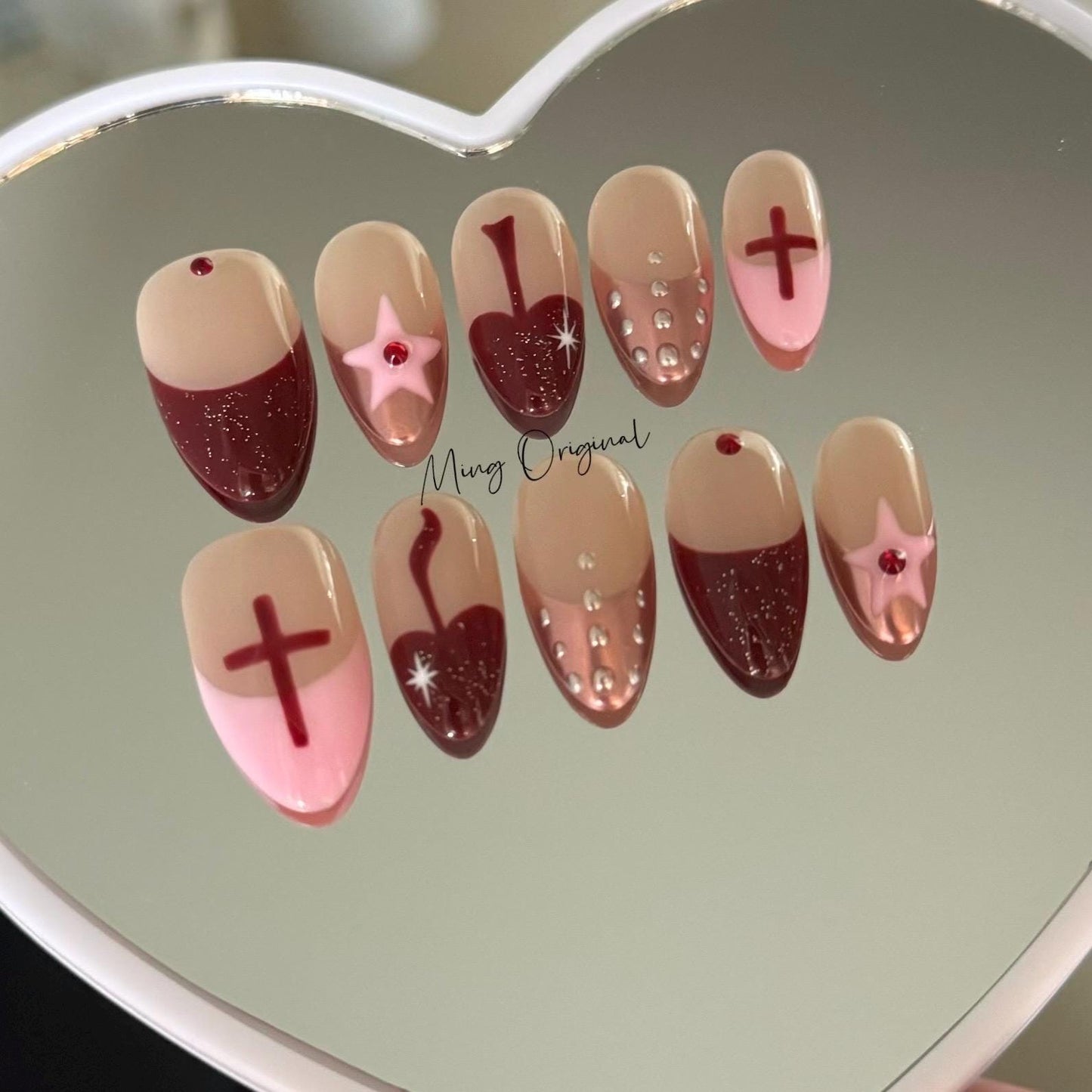 Christmas vibe cute mushroom and Star Press on Nails, pink chrome free style french tip glue on Nails, birthday holiday gift for her, MO316