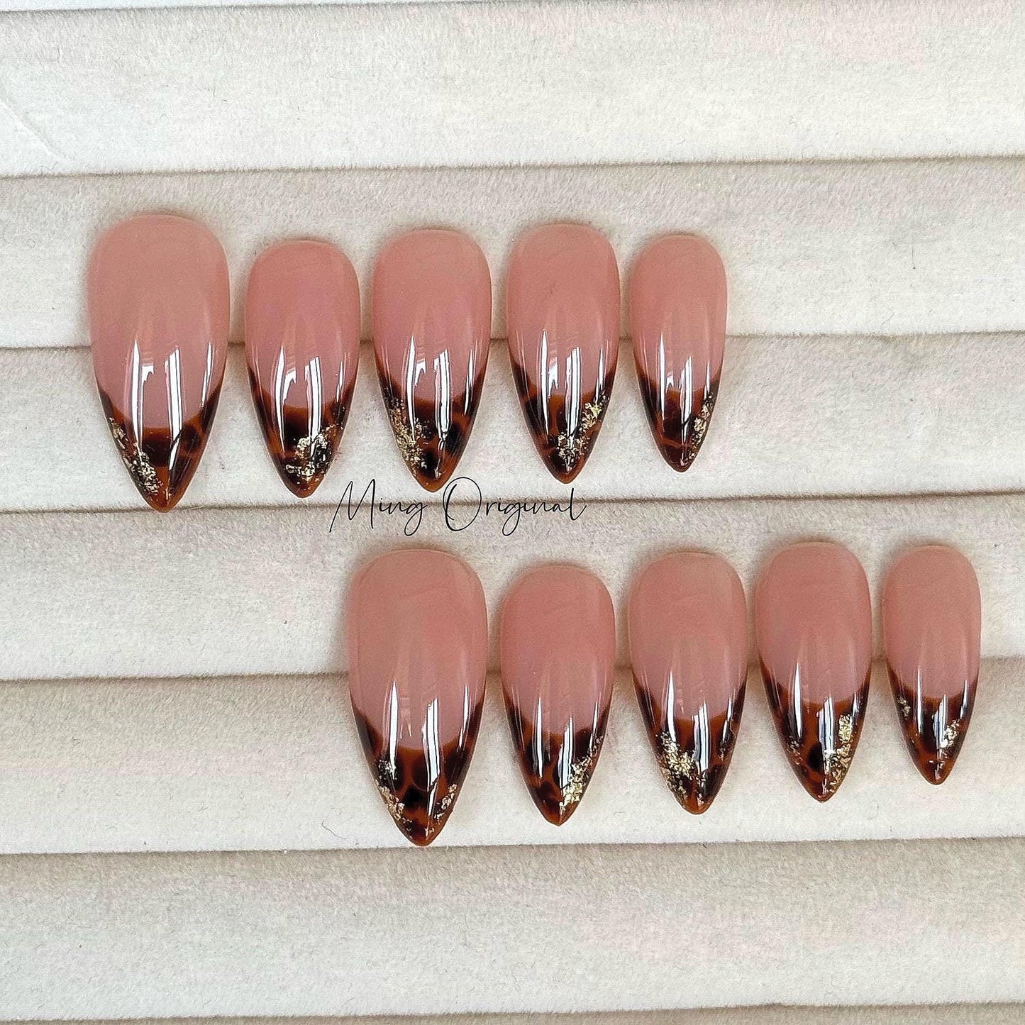 Classic French tip Tortoise Shell  Amber water blooming Press on Nails, Jelly hand painted nail, fall winter nail,gift for her,MO417