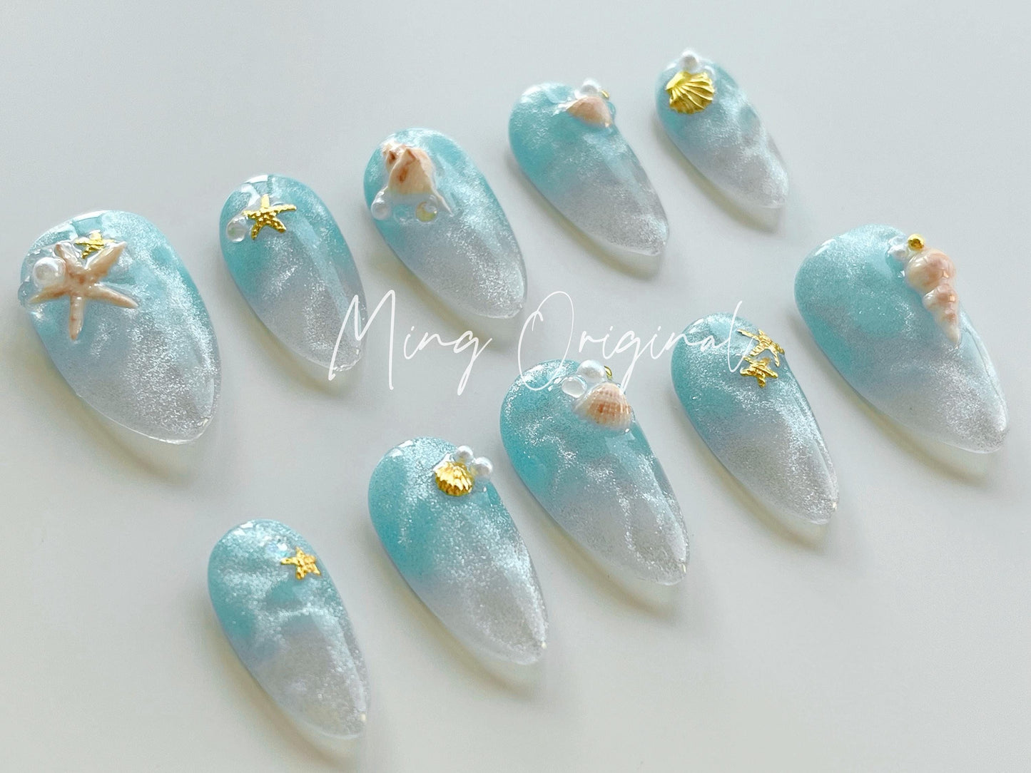 Blue Sea Mermaid Handmade 3D Seashell press on nails, glittery cat eye with pearl reusable nail, jelly fake nail