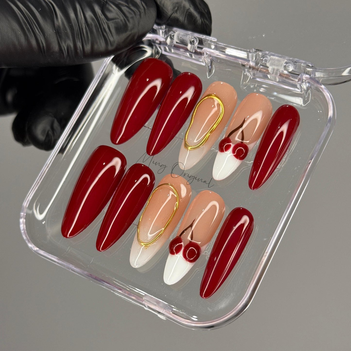 Summer 3d Cherry Fruit Lover press on nails, Burgundy French Tip, ombre tip glue on nail, Holiday Fake Nails, Gifts for Her,MO433