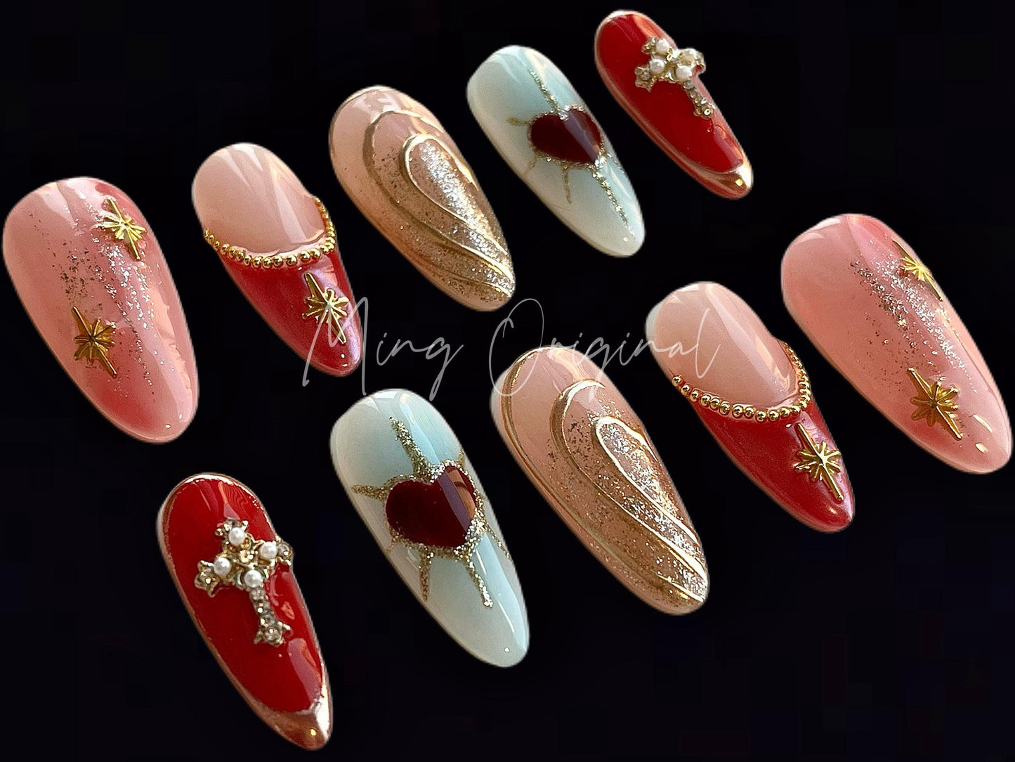 Royal 3D Free Style Golden press on nails, red and blue color, chrome, ombre color, French tip