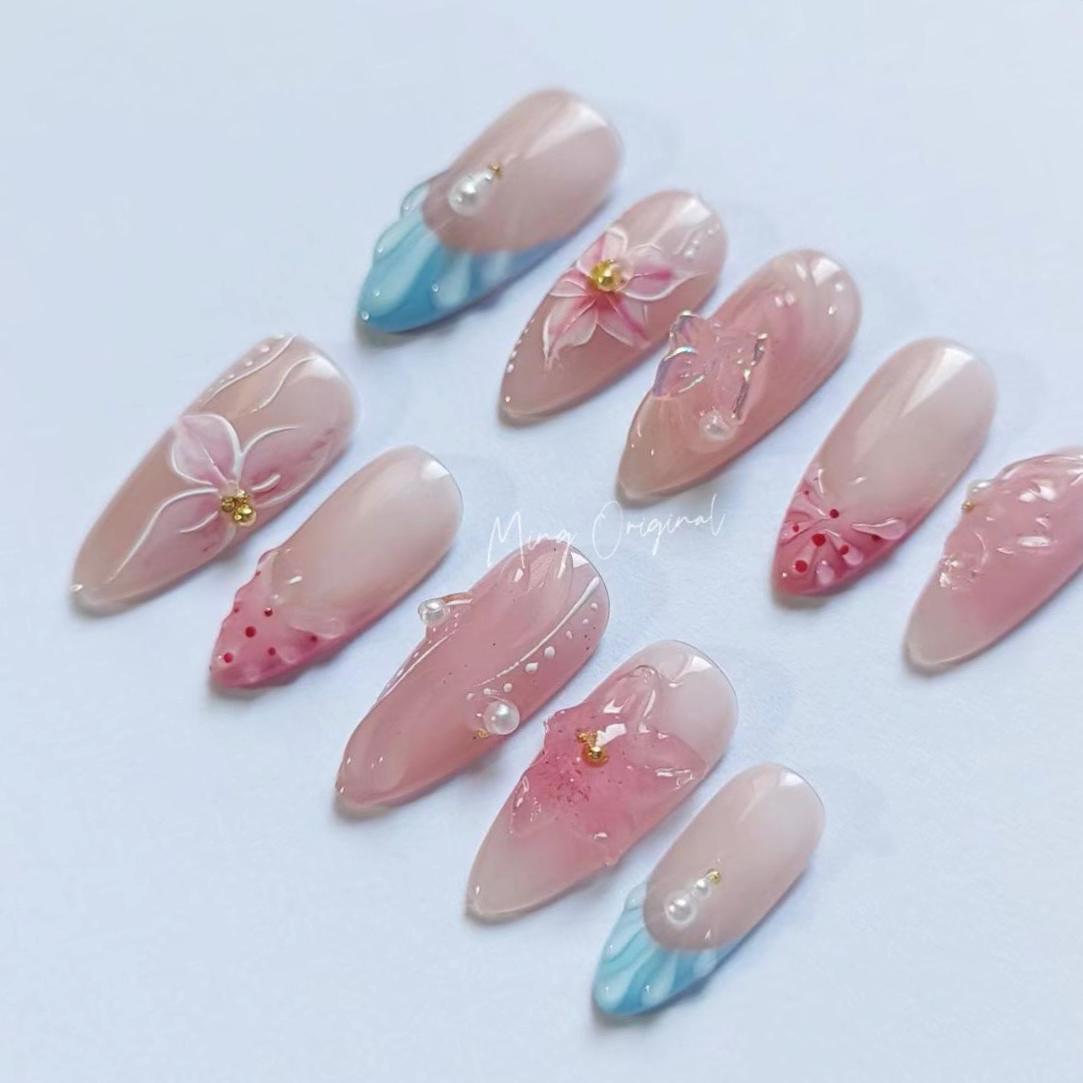 Peach blossom 3D sculptured flower Press on Nails, Mermaid Butterfly Nails, Clear Orchard Floral Nails, Jelly Nails, gift for her, MO237