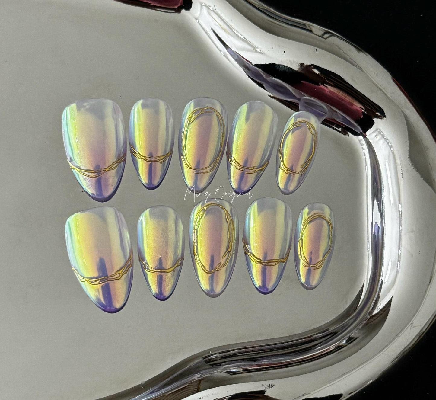Gold tone Aurora Glazed Donuts press on nail, Chrome mermaid shimmer Nail, French tip line, AI nail, MO250