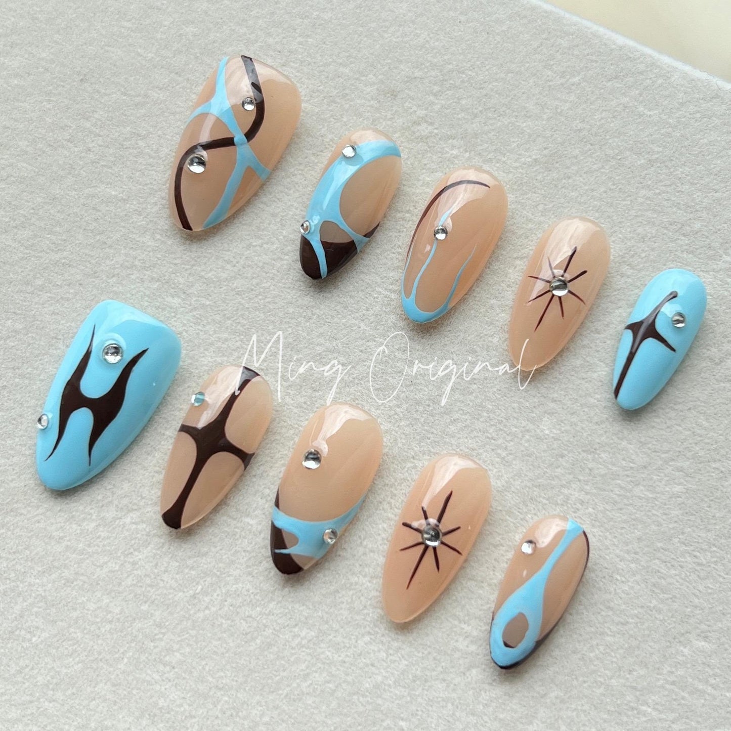 Free style blue abstract line press on nails, Y2K star, french tip nail , fall season nail, hand painted candy color nail