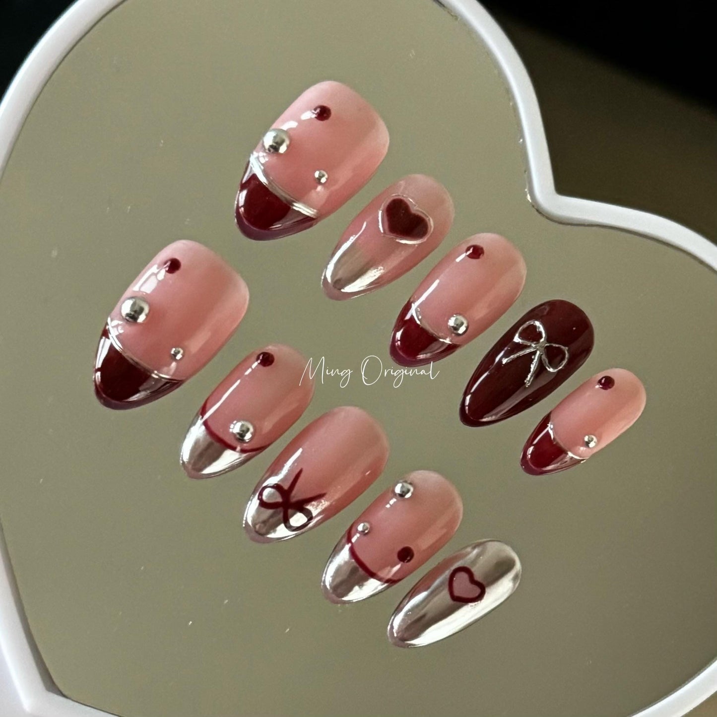 Cute metallic 3d heart bow coquette press on Nail, red french tip glue on nail, Holiday Fake Nails, Christmas new year Gifts for Her, MO371