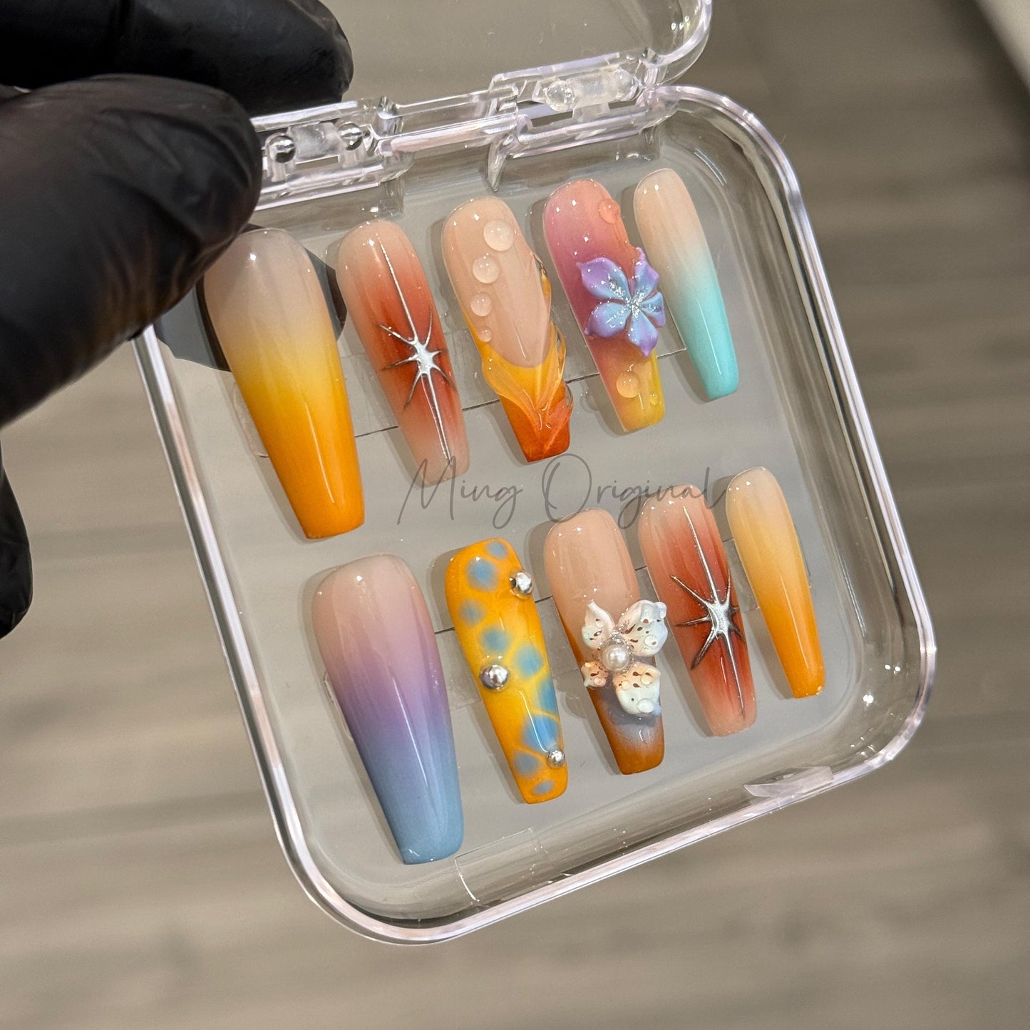 Vivid Beach Colorful Airbrush Ombre 3d Flower press on nails, blue orange purple yellow hand painted candy color vacation nail, gift, MO467