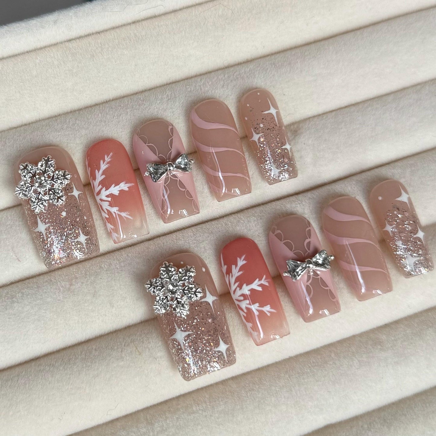 Festival winter snowflake press on Nail, pink swirl nail, sparkling crystal glittery glue on nail, Xmas Gifts for Her, MO359