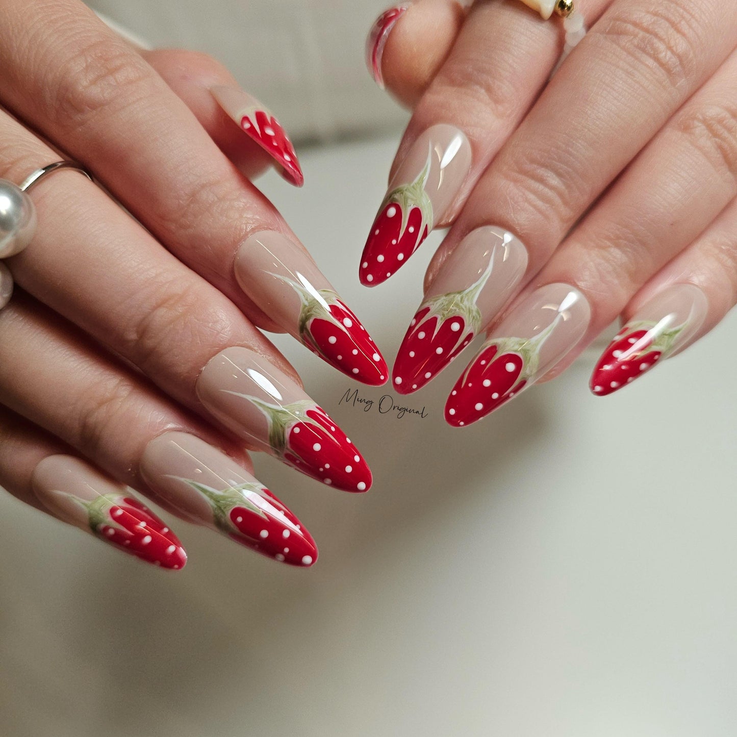 Christmas Red Strawberry press on Nail,  Fruit Lover press on nails, strawberry tip glue on nail, Holiday Fake Nails, Gifts for Her, MO295