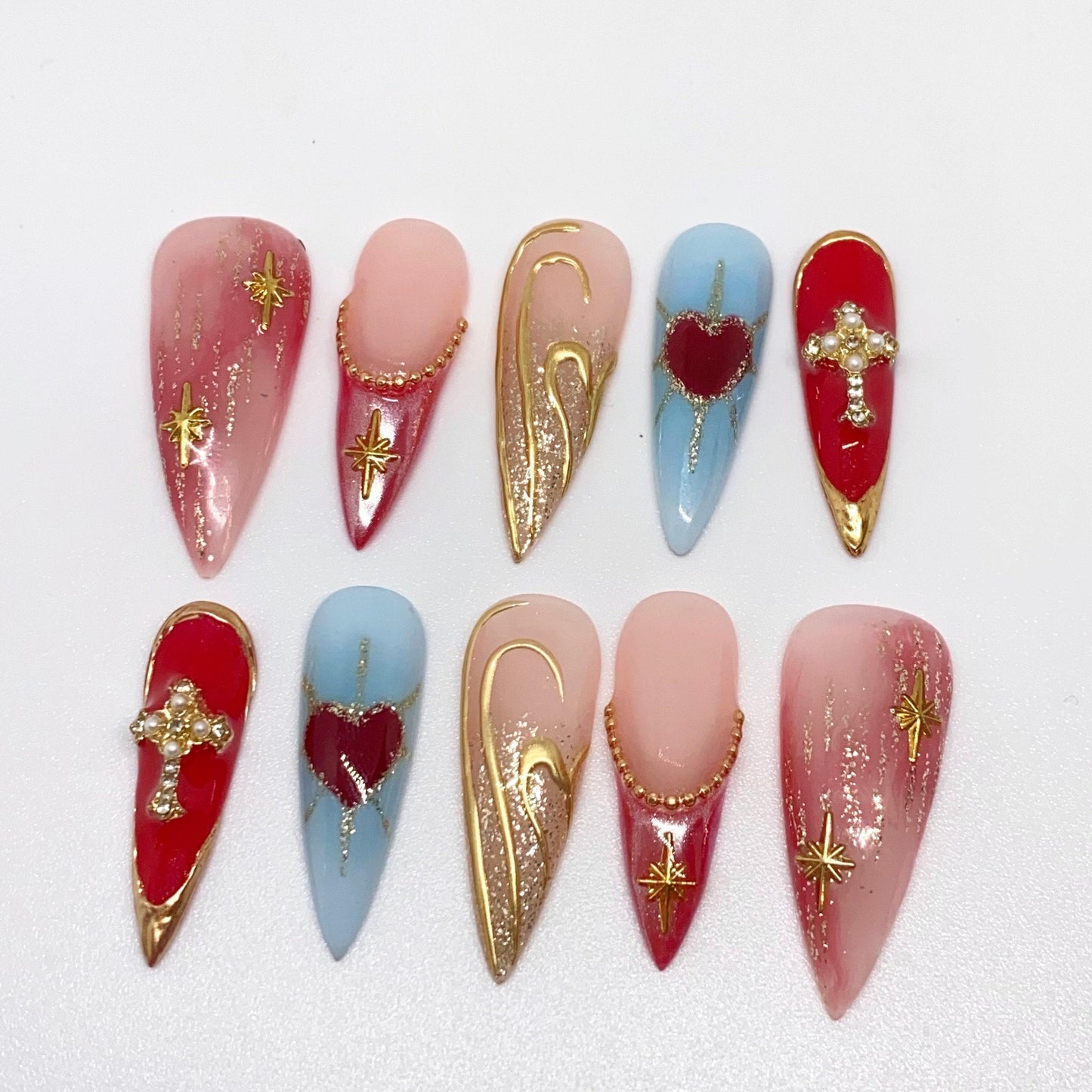 Royal 3D Free Style Golden press on nails, red and blue color, chrome, ombre color, French tip