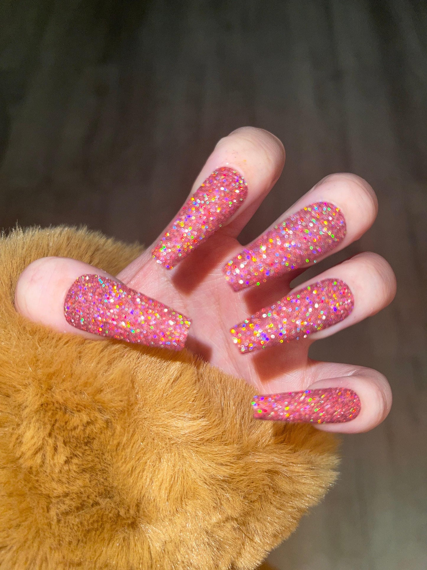 Red holographic Sugar Glitter acrylics and Press on Nails, Rainbow glitter nail, Sparkly nails for party