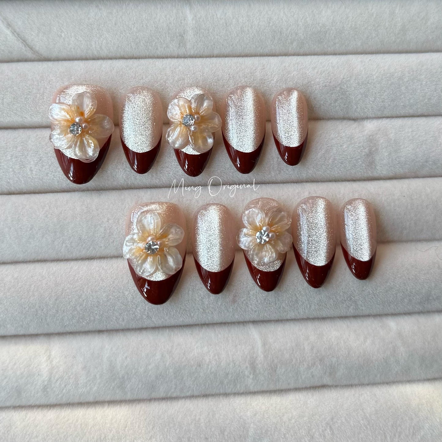 Red French tip nude cateye press on nails, 3d double layered jelly flower Nails, pearl decal,  birthday Christmas holiday gift for her MO318