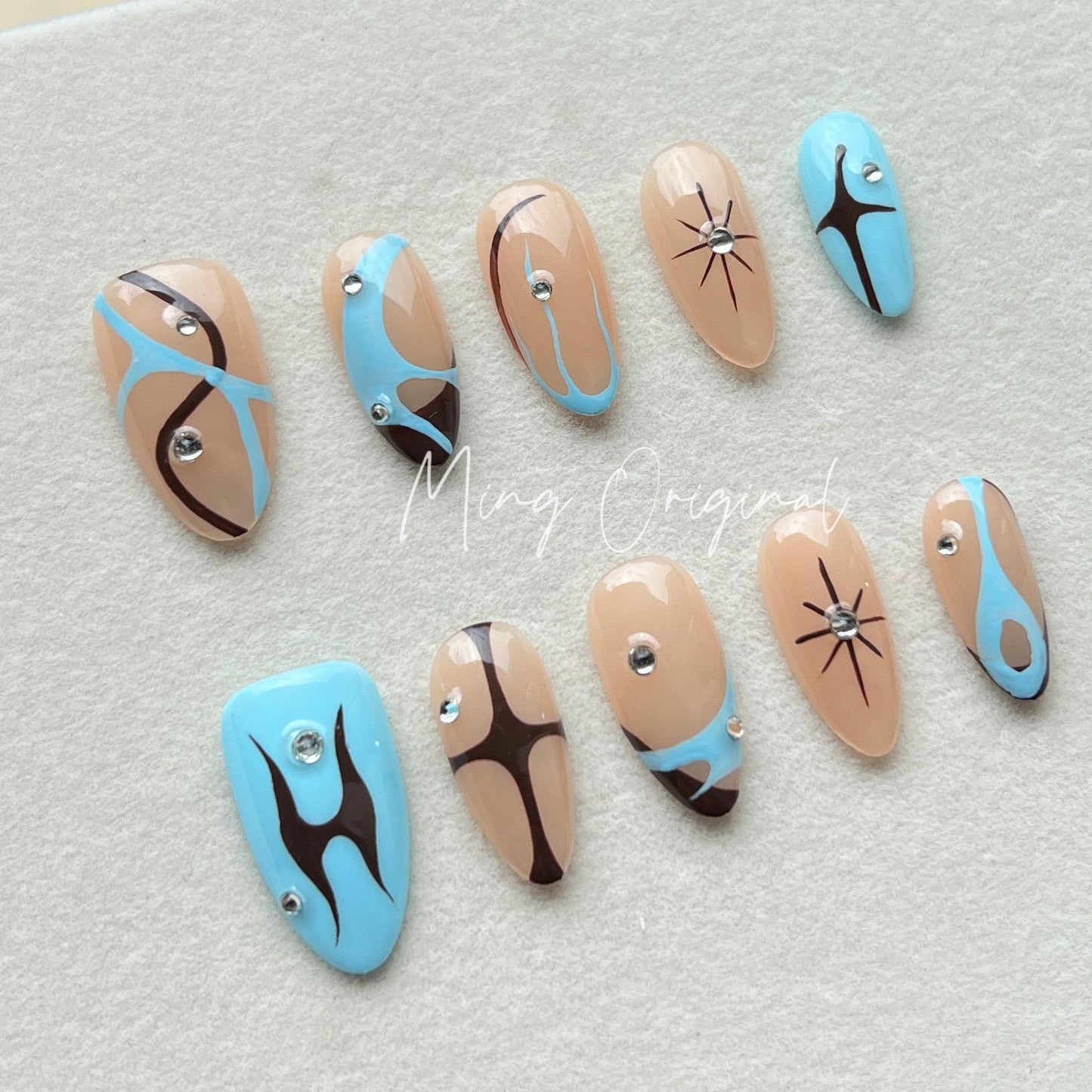 Free style blue abstract line press on nails, Y2K star, french tip nail , fall season nail, hand painted candy color nail