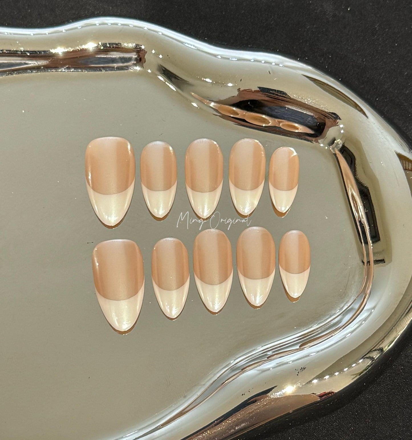Glazed donuts French Tip nail, pearl chrome Fake nails, nude nail, Handmade jelly nail