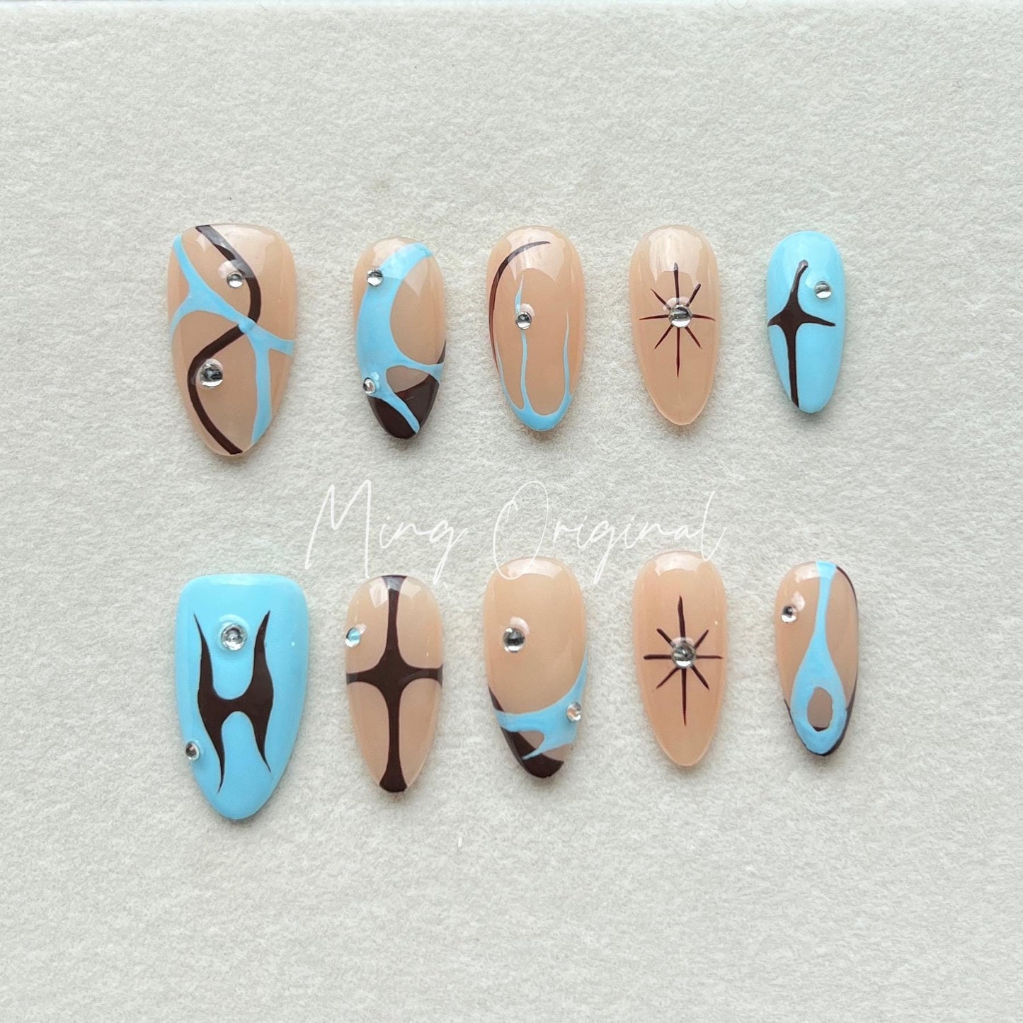 Free style blue abstract line press on nails, Y2K star, french tip nail , fall season nail, hand painted candy color nail
