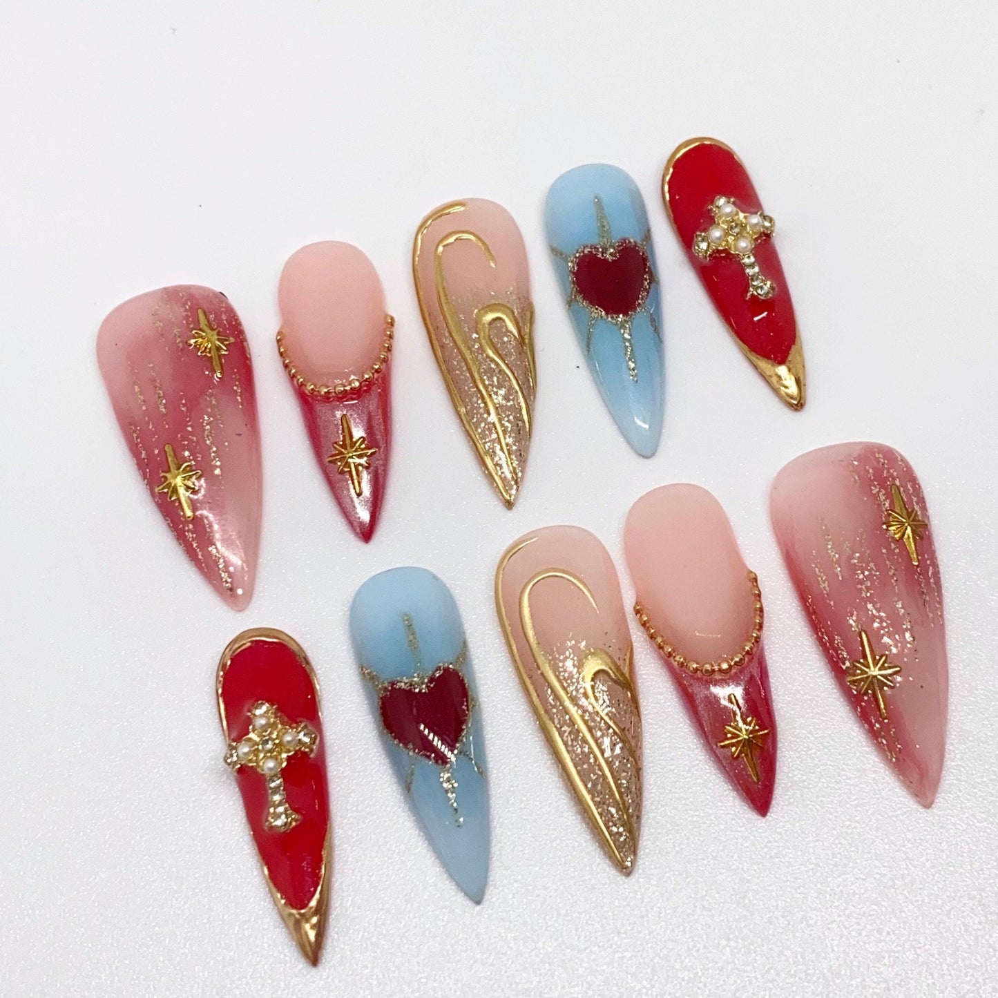 Royal 3D Free Style Golden press on nails, red and blue color, chrome, ombre color, French tip