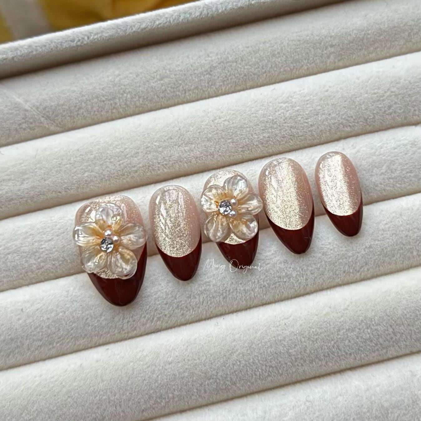 Red French tip nude cateye press on nails, 3d double layered jelly flower Nails, pearl decal,  birthday Christmas holiday gift for her MO318