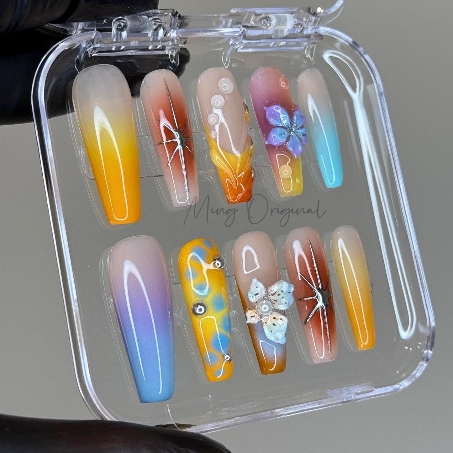 Vivid Beach Colorful Airbrush Ombre 3d Flower press on nails, blue orange purple yellow hand painted candy color vacation nail, gift, MO467