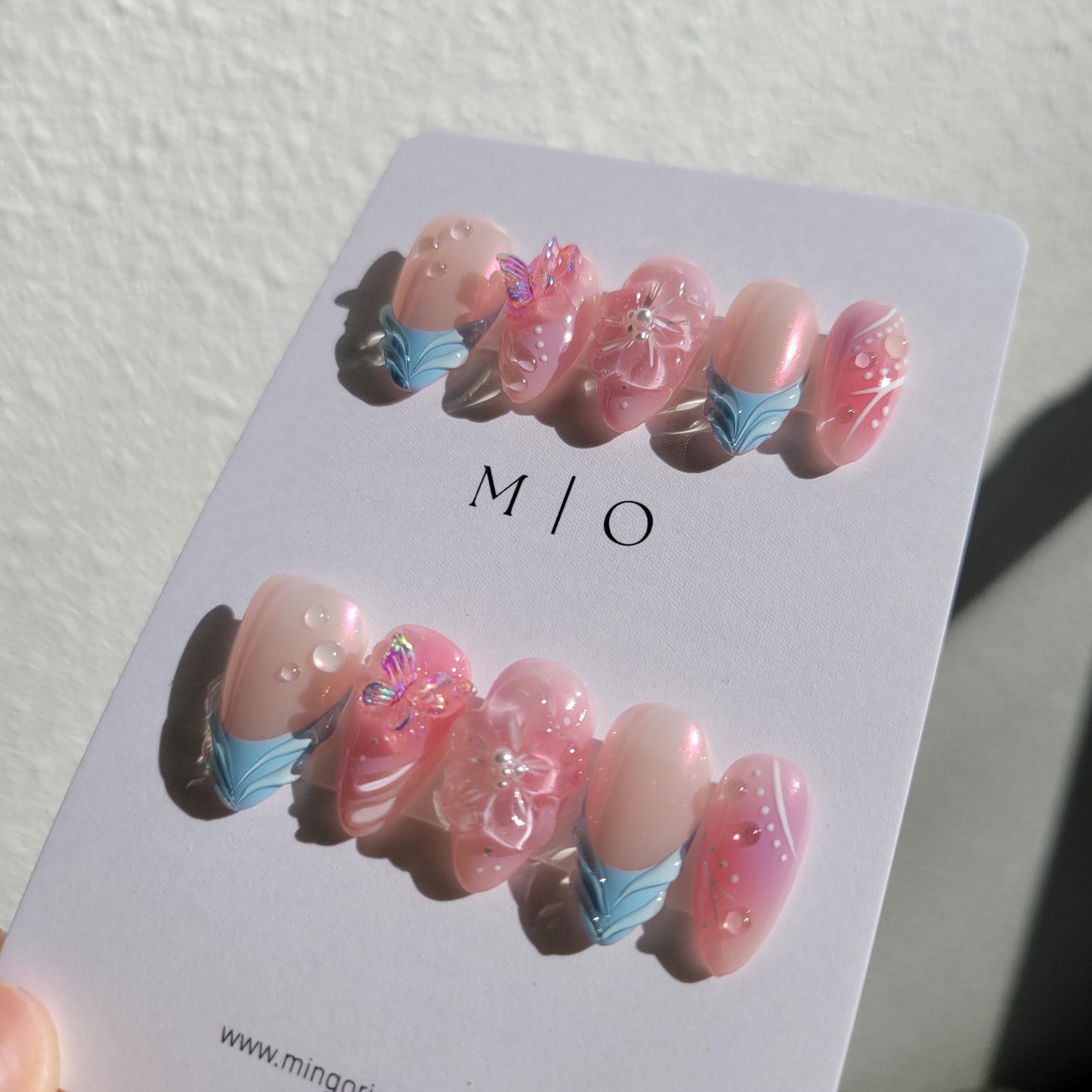 3d flower airbrush pink glittery butterfly aura Press on Nails, blue french tip free style 3d handmade Nails,MO276