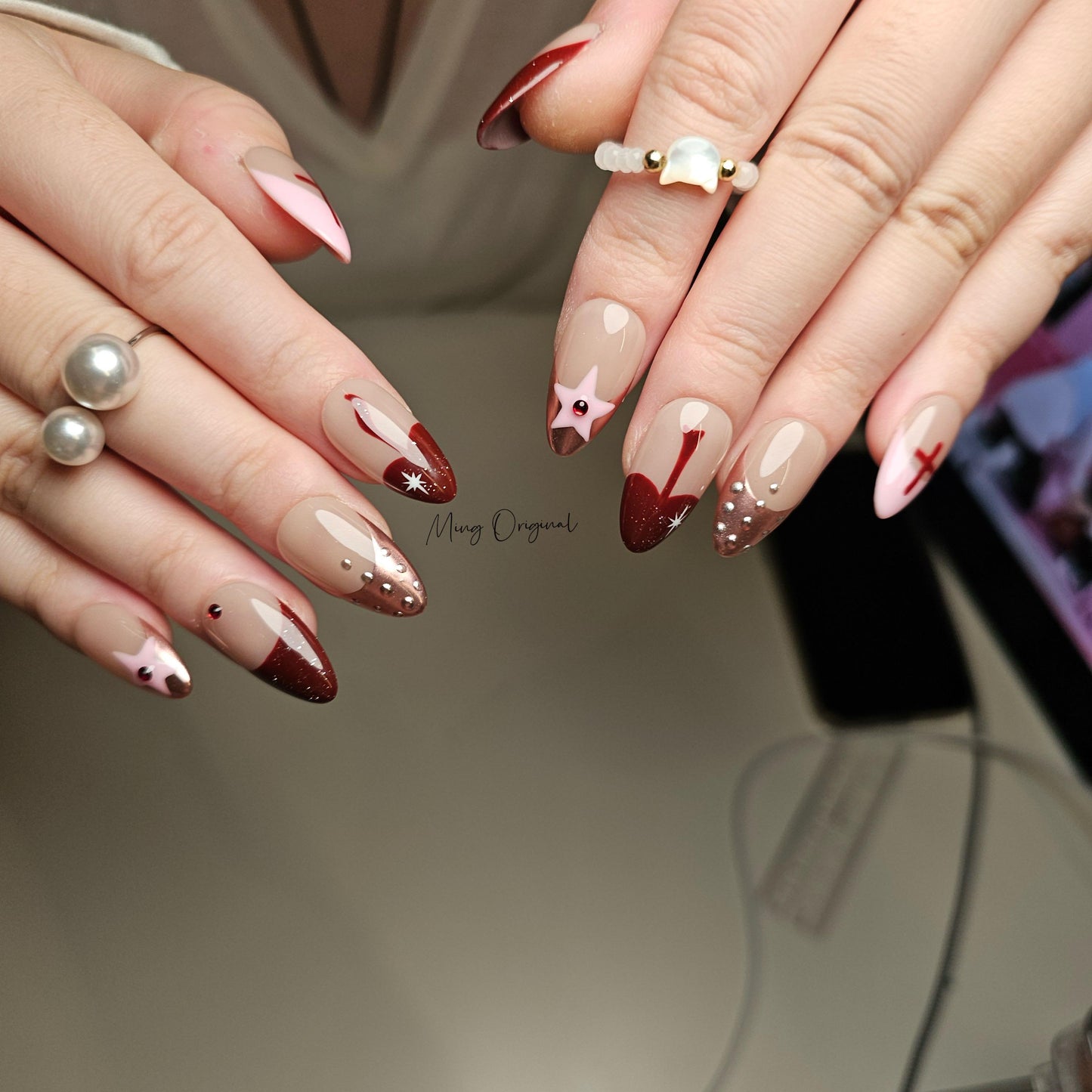 Christmas vibe cute mushroom and Star Press on Nails, pink chrome free style french tip glue on Nails, birthday holiday gift for her, MO316