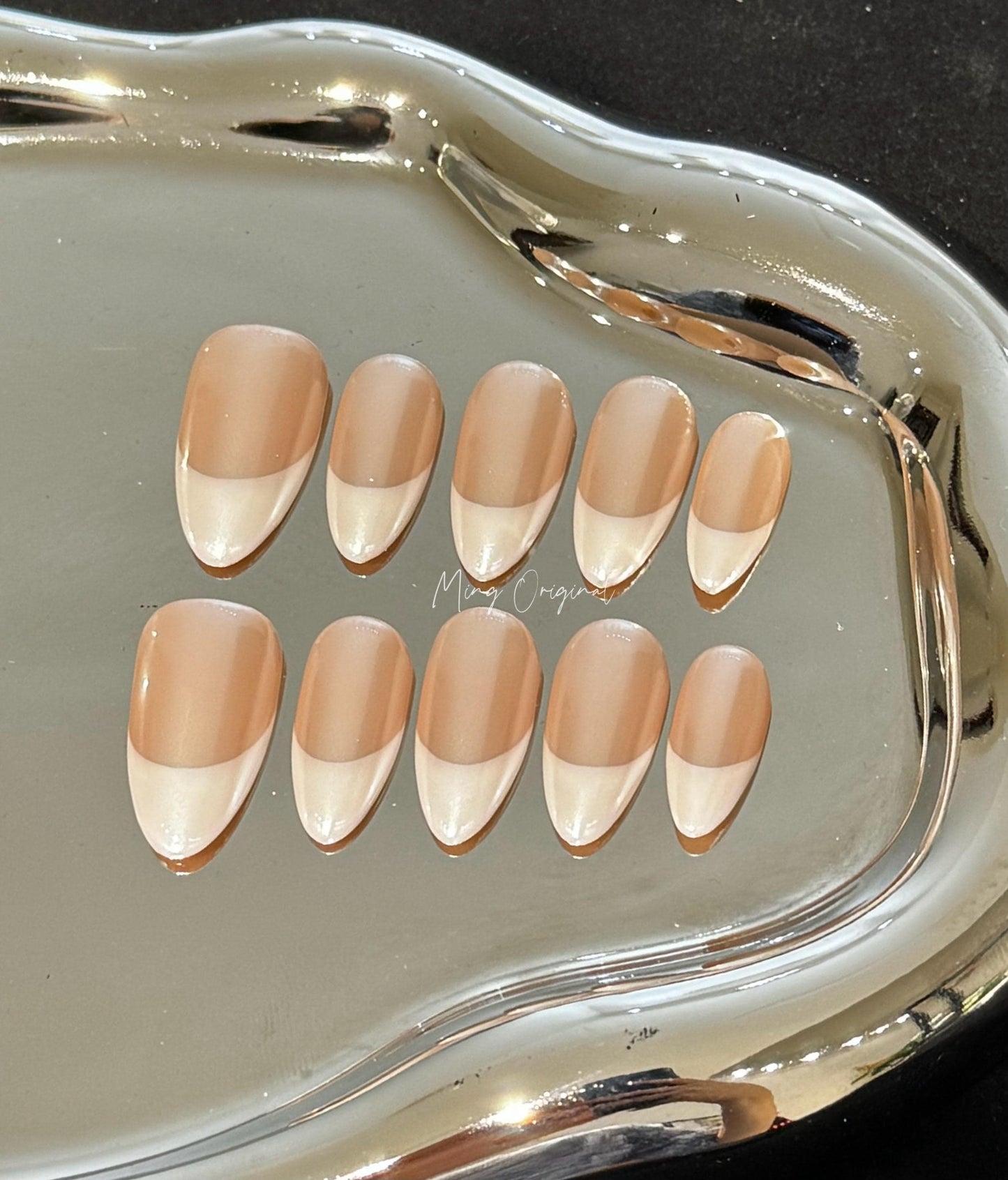 Glazed donuts French Tip nail, pearl chrome Fake nails, nude nail, Handmade jelly nail