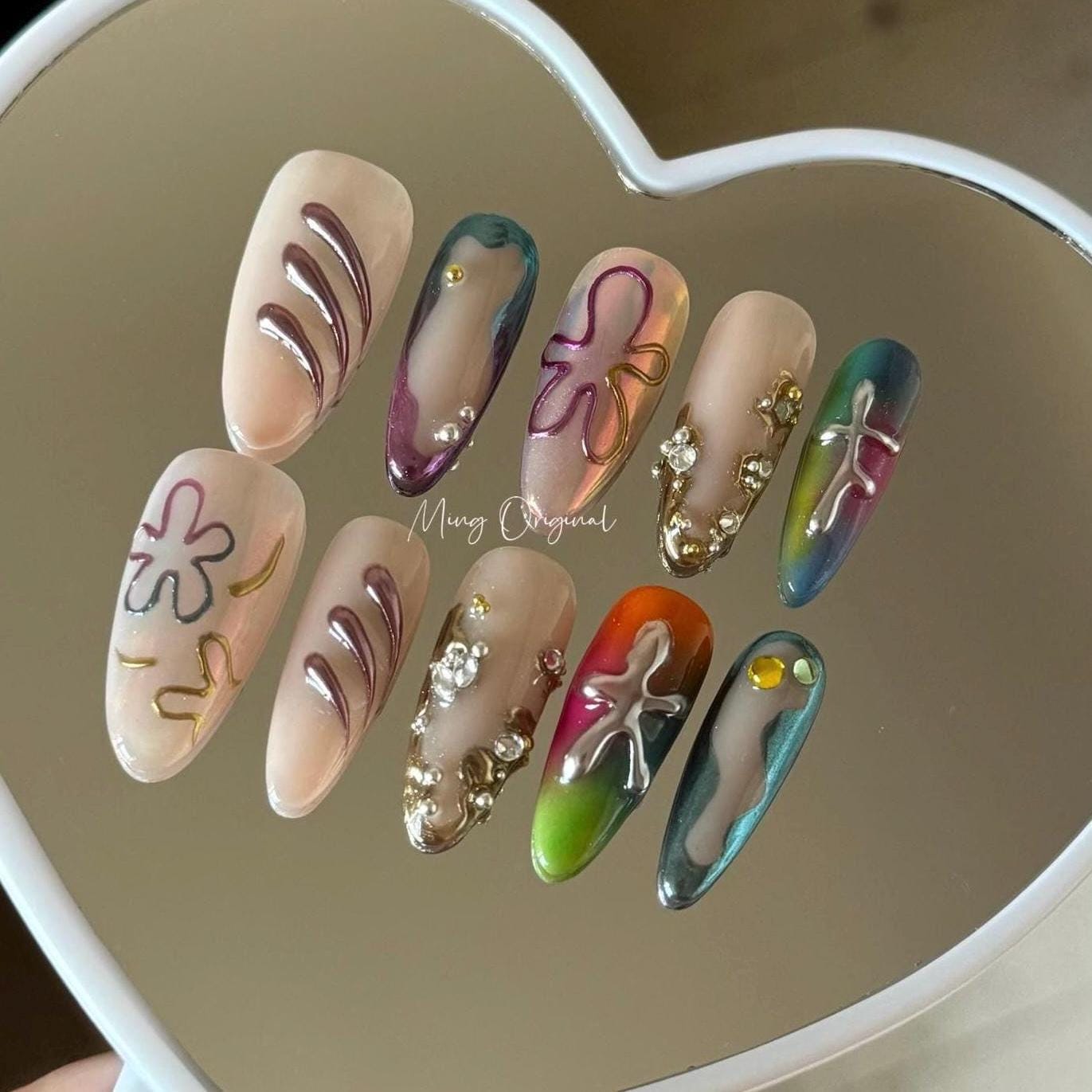 Enchanted forest mystery flower press on nail, multicolor free style chrome nail, 3d jelly fake nail, holiday birthday gift for her,MO346
