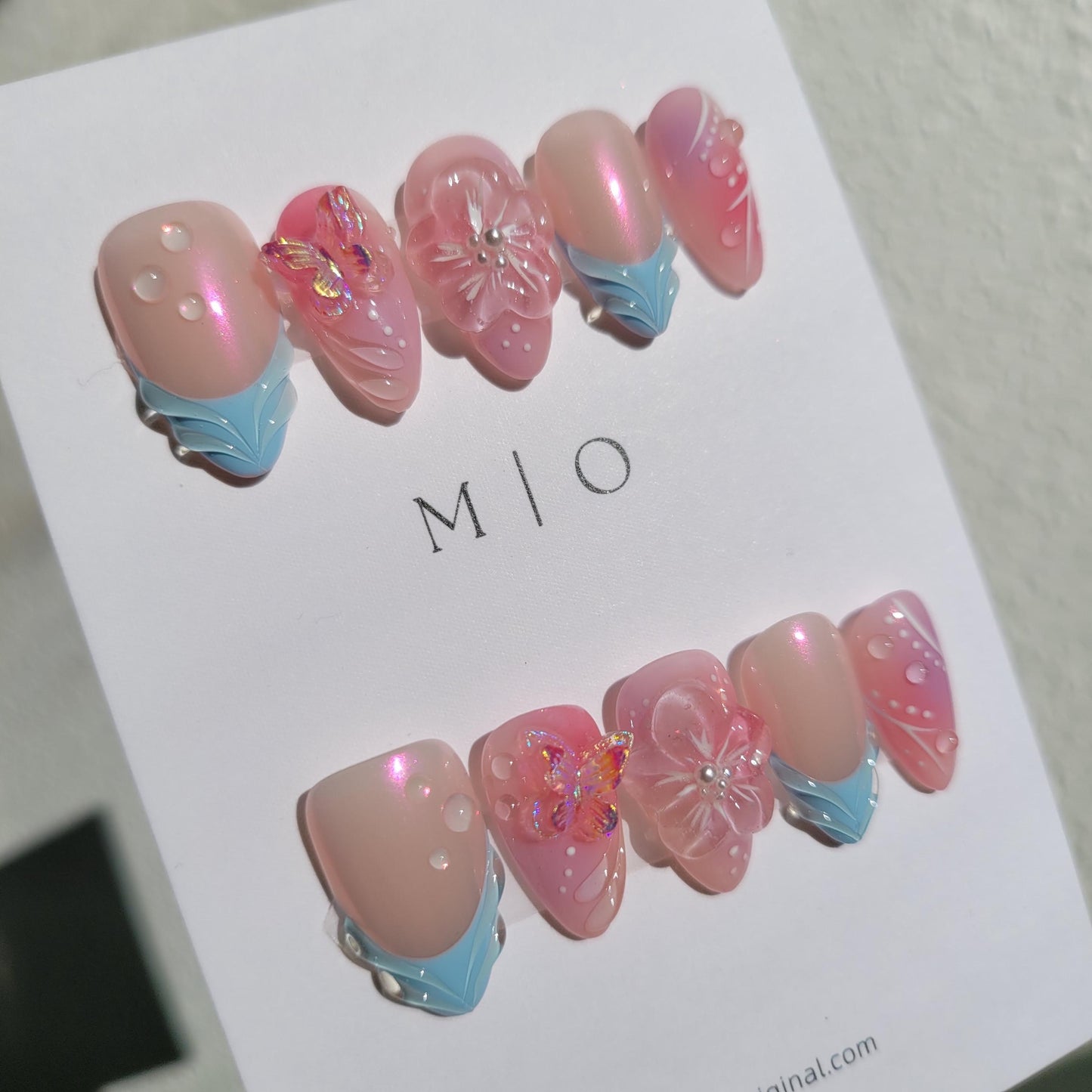 3d flower airbrush pink glittery butterfly aura Press on Nails, blue french tip free style 3d handmade Nails,MO276