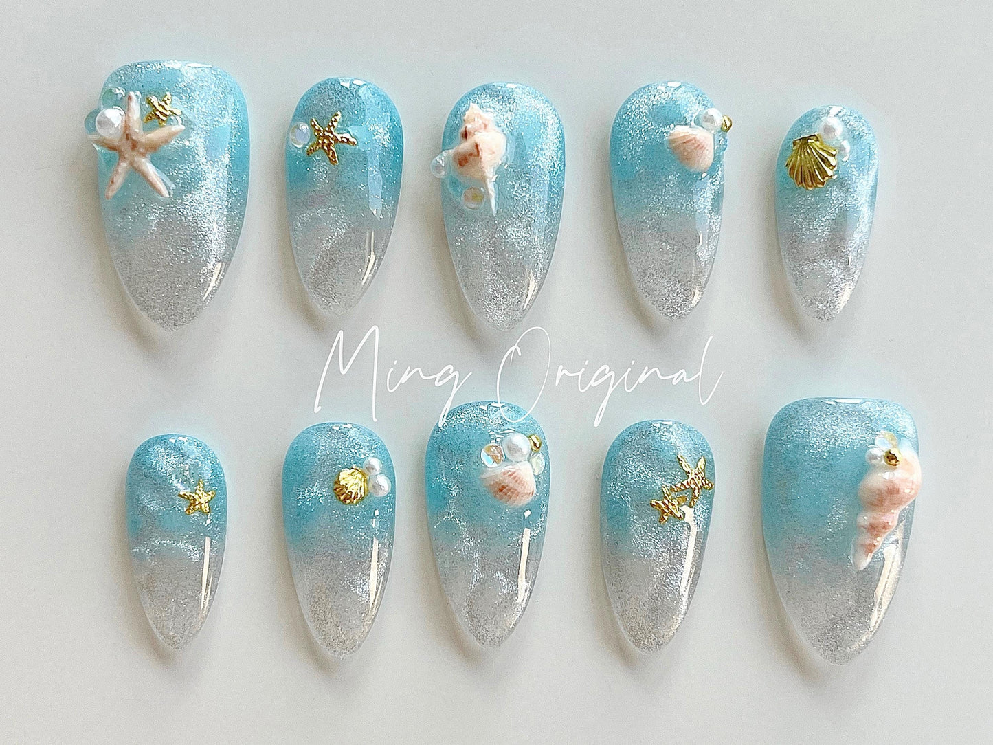 Blue Sea Mermaid Handmade 3D Seashell press on nails, glittery cat eye with pearl reusable nail, jelly fake nail