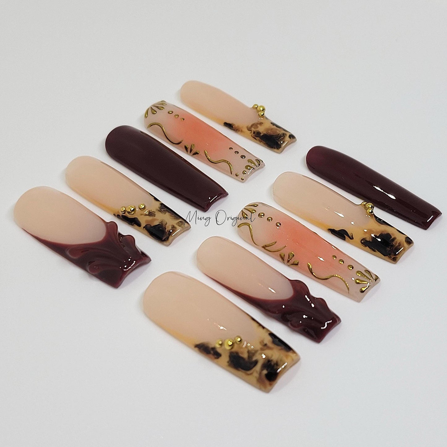 Autumn royal brown water blooming Press on Nails, gold chrome detail nail, animal print French tip minimalist winter nail,gift for her,MO375