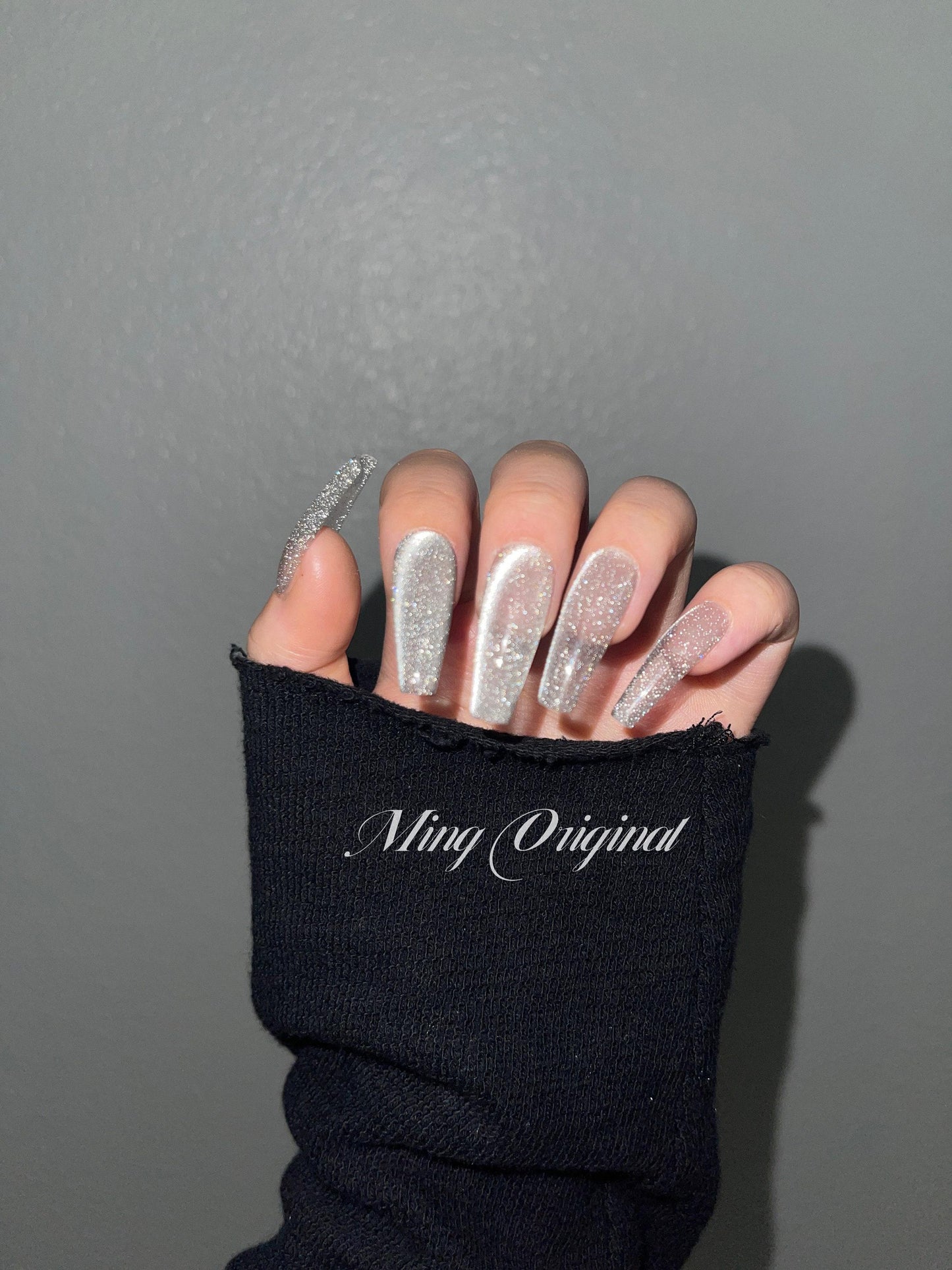 Classic diamond reflective Silver crystal cat eye Press on Nails, Jelly Nails, valentine anniversary gift for her