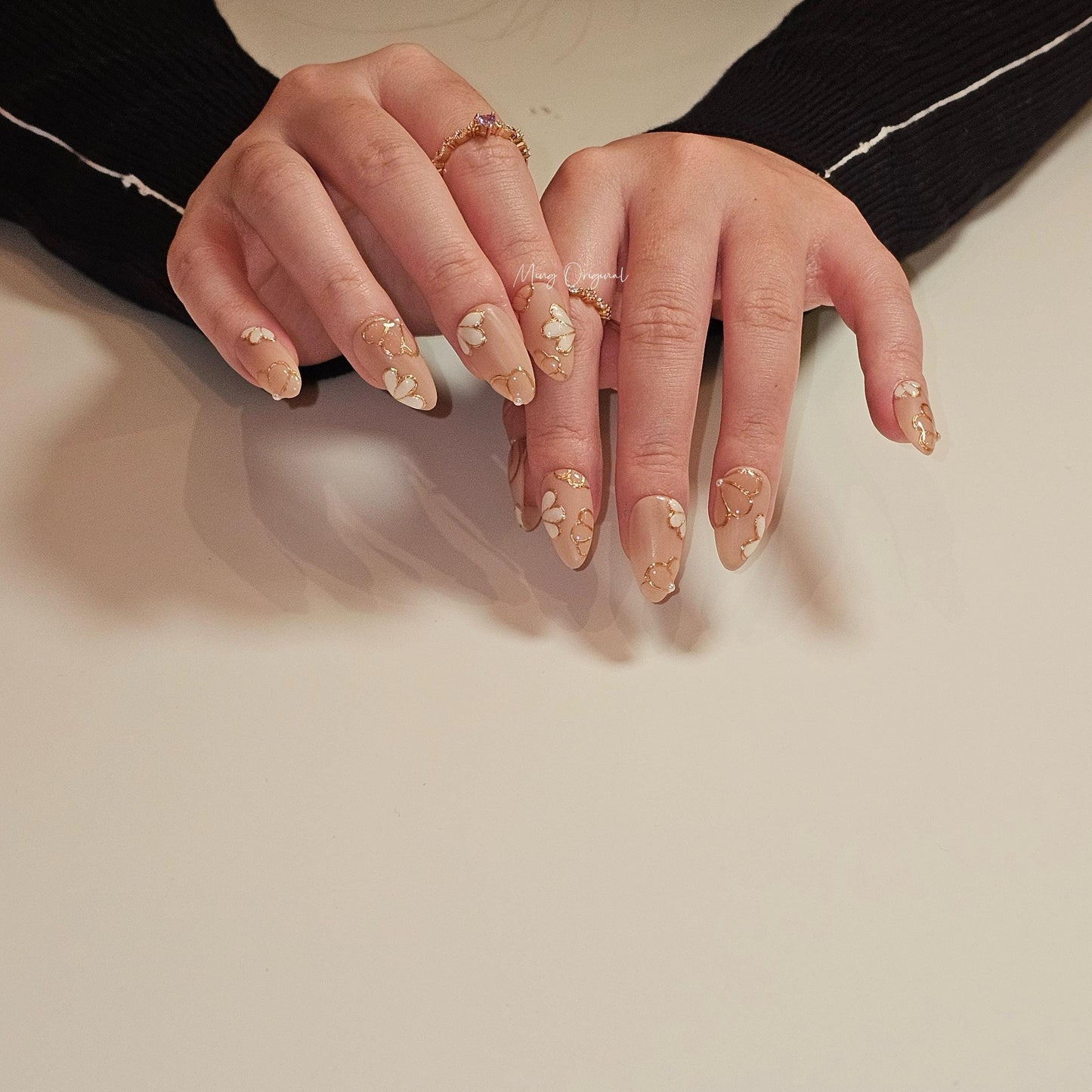 Nude blossom sculptured flower Press on Nails, Gold Frame Orchard Floral Nails, Jelly Nails, gift for her, MO262