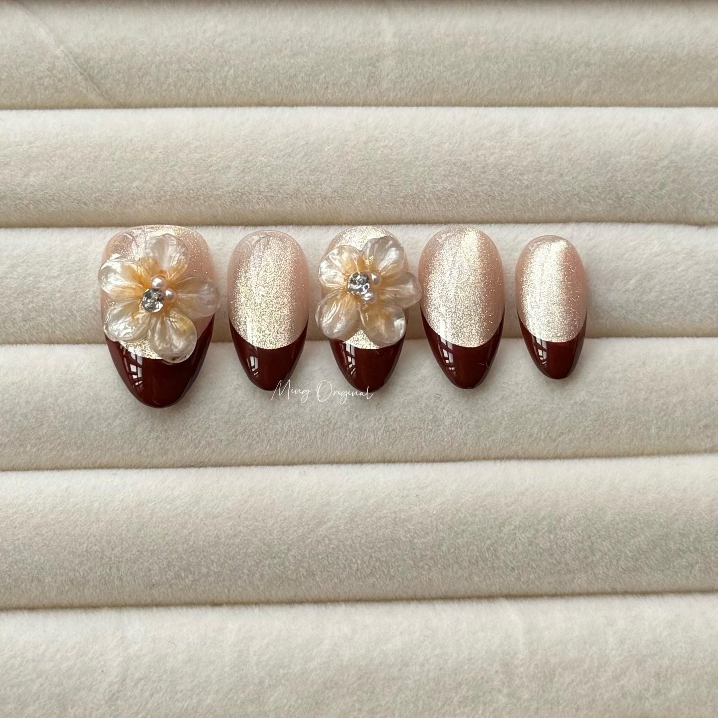 Red French tip nude cateye press on nails, 3d double layered jelly flower Nails, pearl decal,  birthday Christmas holiday gift for her MO318