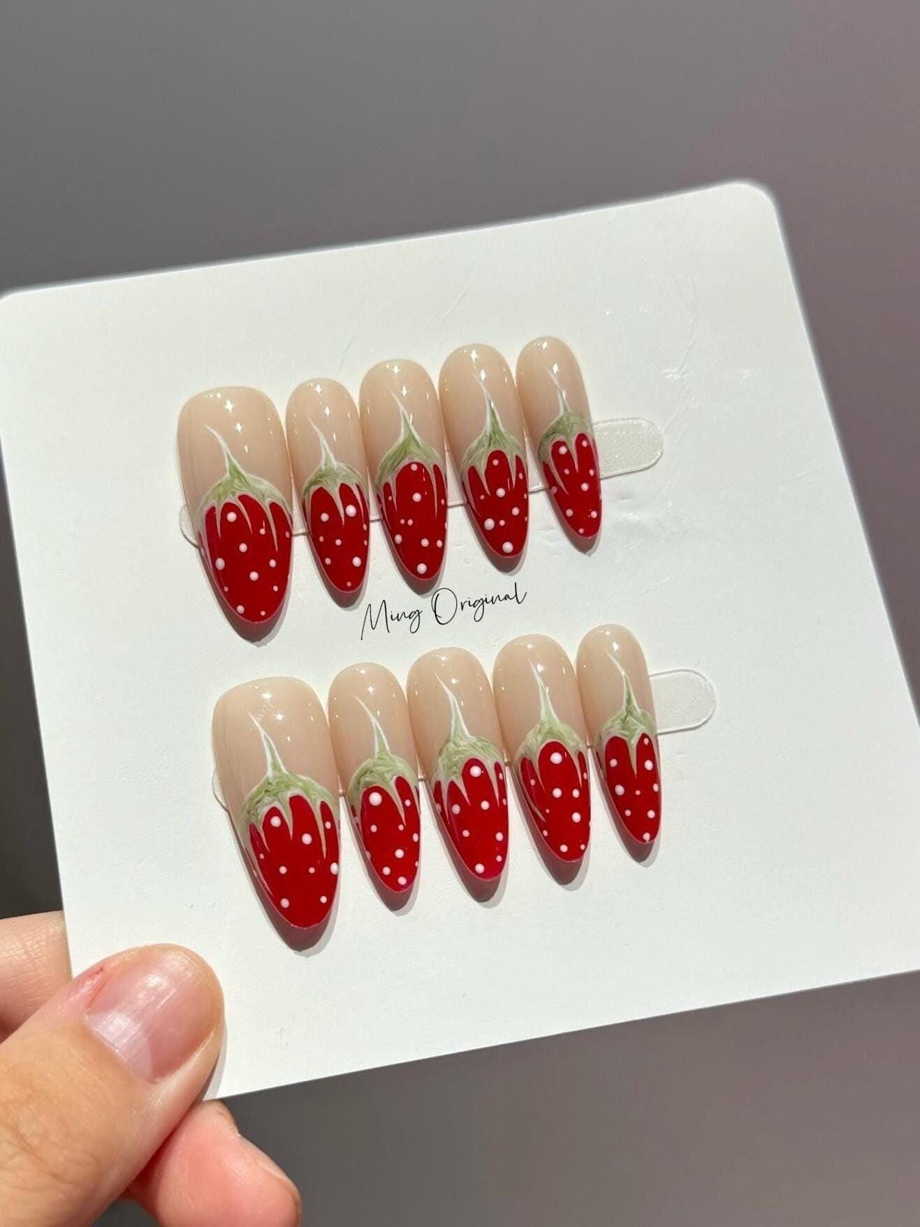 Christmas Red Strawberry press on Nail,  Fruit Lover press on nails, strawberry tip glue on nail, Holiday Fake Nails, Gifts for Her, MO295